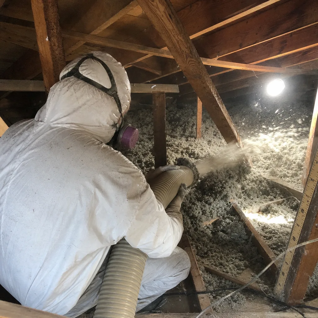 Professional technician removing attic insulation with a vacuum hose