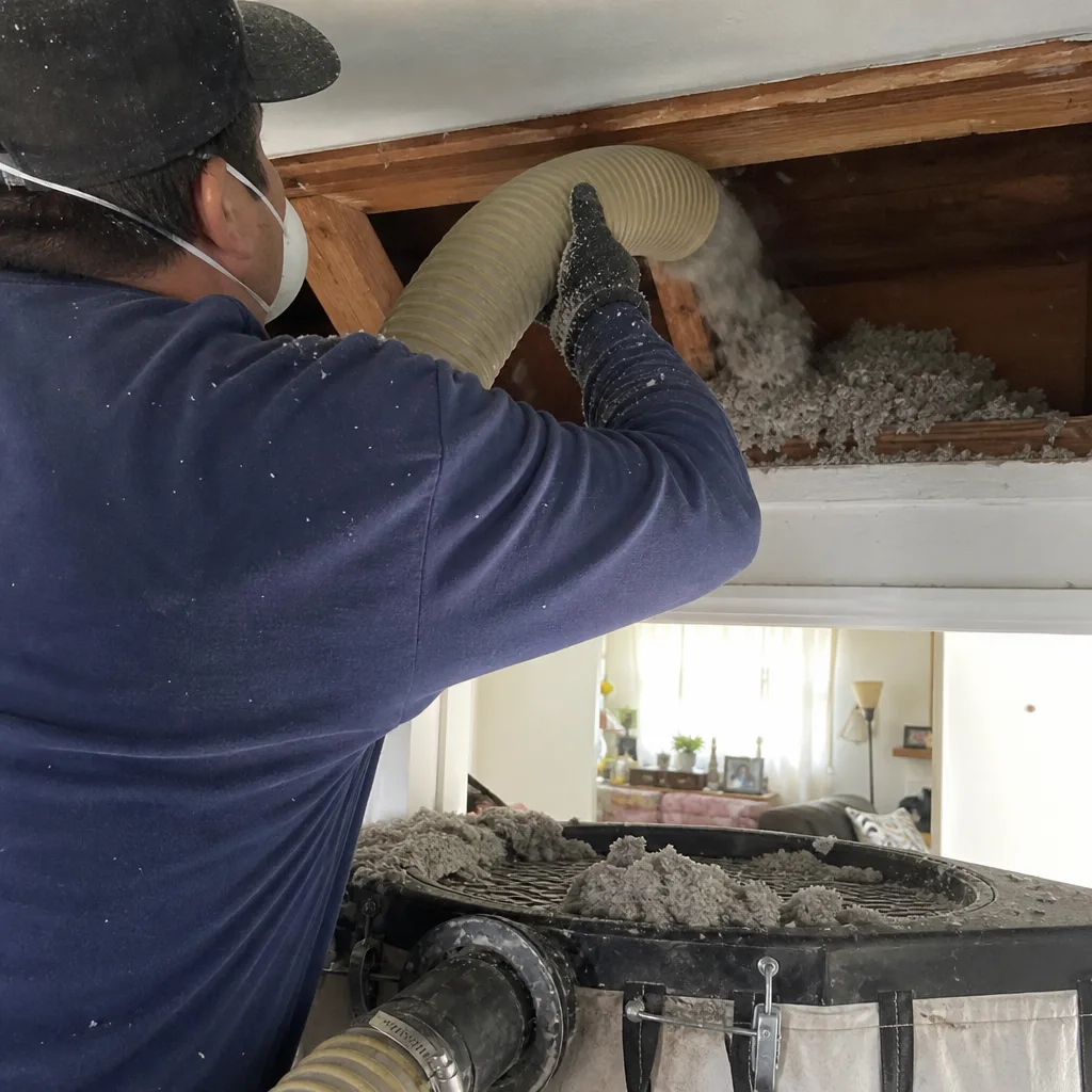 Professional technician removing blown-in attic insulation with a vacuum hose