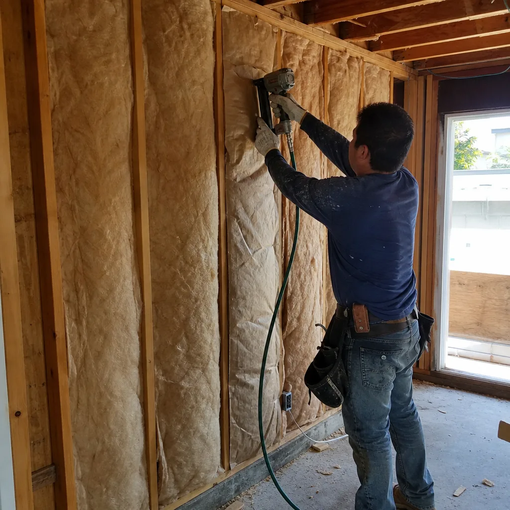 professional contractor installing fiberglass batt insulation in residential wall framing