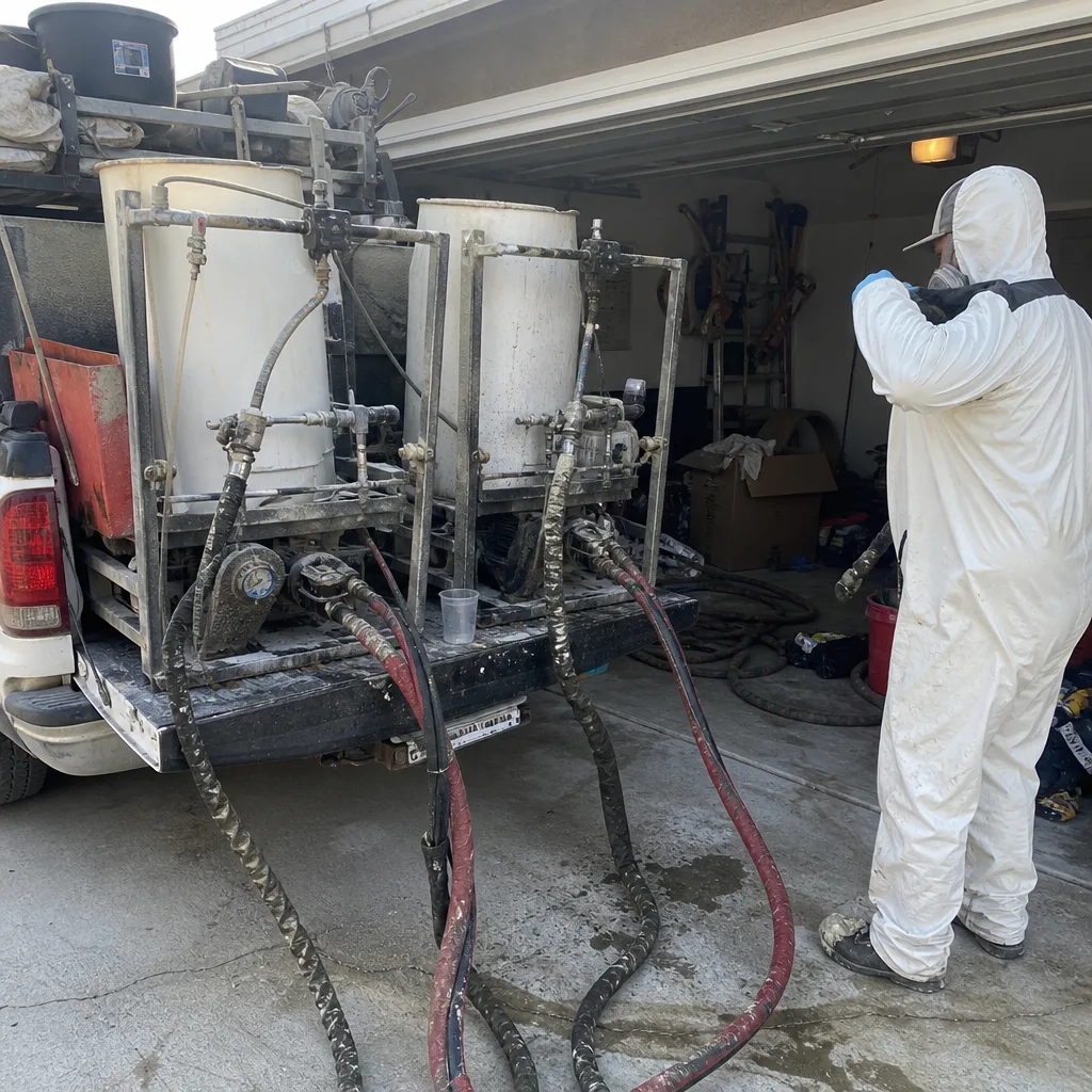 Technician setting up professional spray foam insulation equipment on a truck