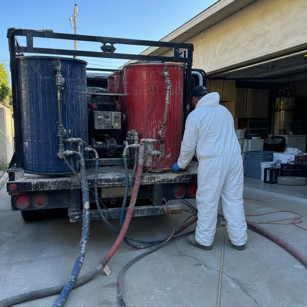 Technician operating professional spray foam insulation equipment on a work truck