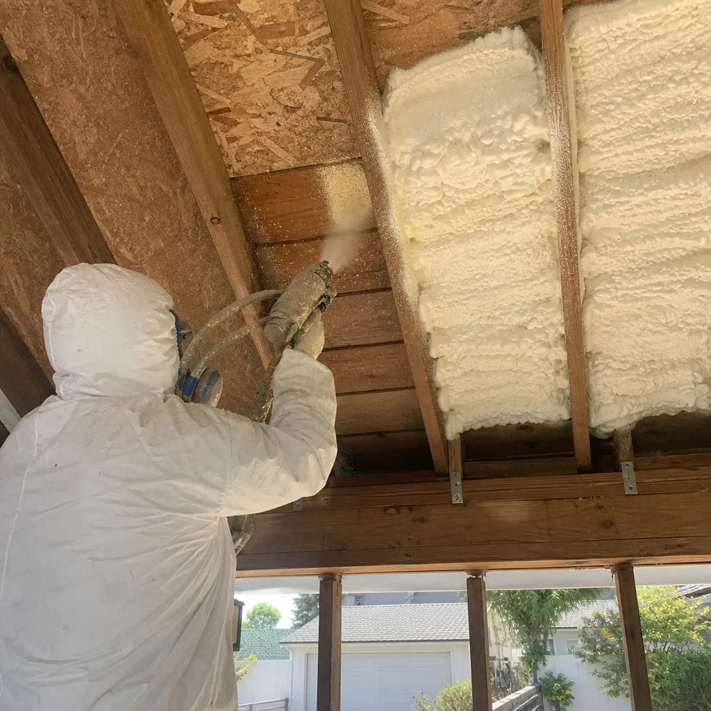 Professional applying spray foam insulation to a wooden residential roof structure.